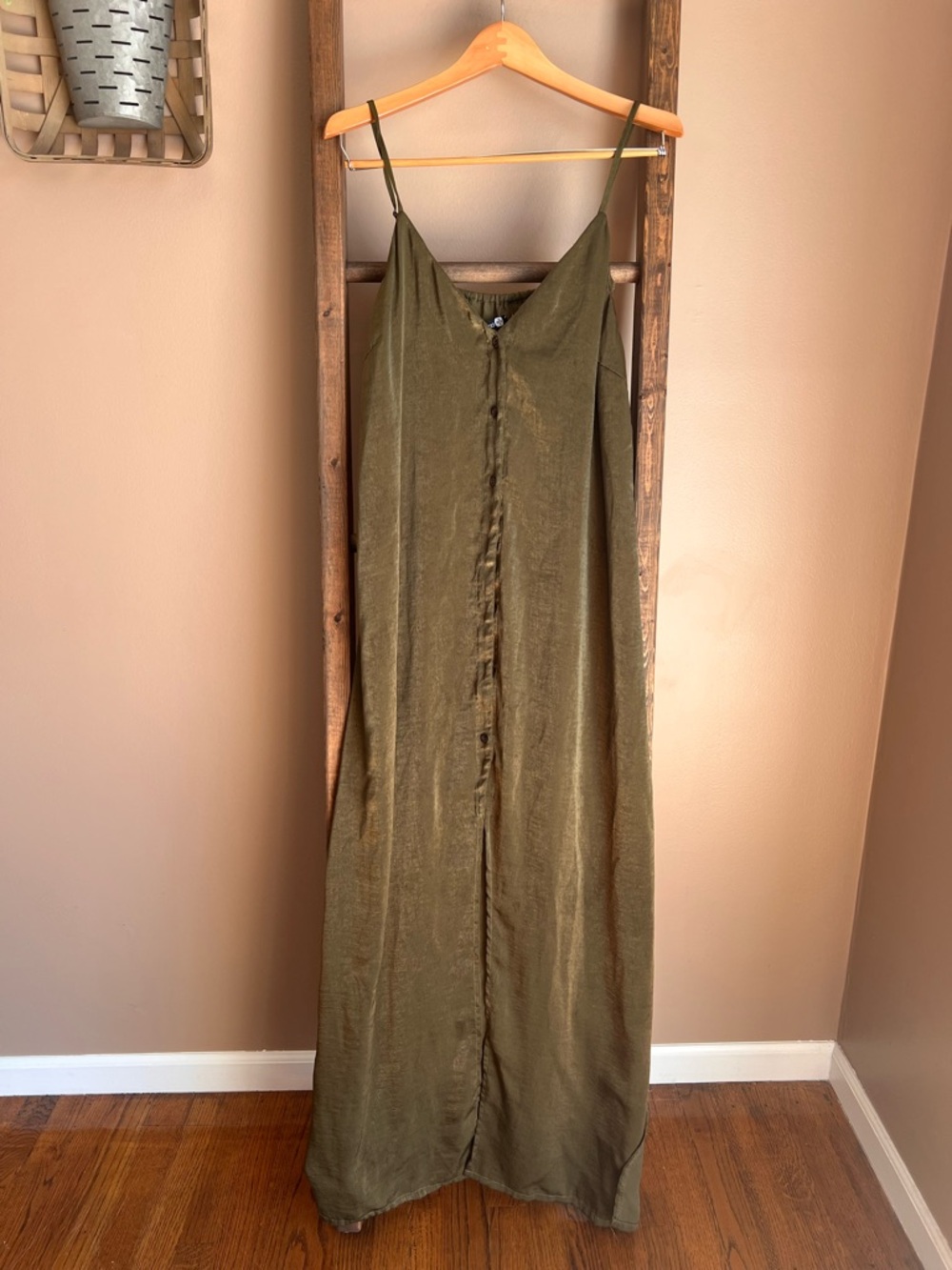 Boohoo Olive Green Satin Maxi Dress with Button Front